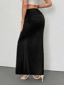 SHEIN Tall 秋冬季女士优雅纯色褶裥鱼尾裙，适合度假穿着。 - 黑色 - 查看 2