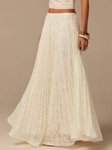 COSMINA Women's Elegant Lace Pleated Long Skirt, Versatile For Commute, Office, Boho, Vacation, Date, Wedding Guest - Apricot - View 1