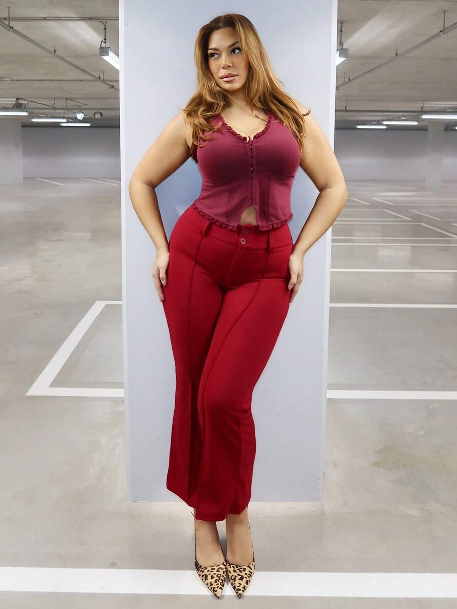 MelDlgn 大码女装秋冬办公室通勤优雅休闲街头宽腰合身喇叭裤教师裤女长裤 - 酒紅色 - 查看 1