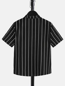 SHEIN Tween Boy Summer Casual Striped Letter Print Front Button Short Sleeve Shirt - Black - View 2