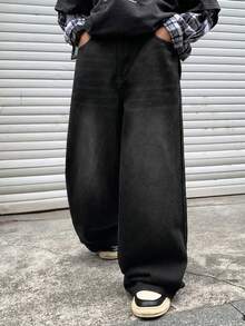 SHEIN Little Byeori Tween Boy Plain Slant Pocket Casual Versatile Wide Leg Jeans - Black - View 3