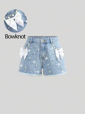 Girlism Teen Girls' Elegant Light Washed Distressed Bowknot Denim Jeans Shorts With Pocket Insert,Faux Pearl,And Frayed Hem,For Spring And Summer Vacation Festival Outfits