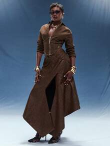 Normani Women's Fashion Zip-Up Denim Jacket - Chocolate Brown - View 3