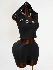 Mistrie 女士无袖连帽卫衣，激光镂空设计 - 黑色 - 查看 4