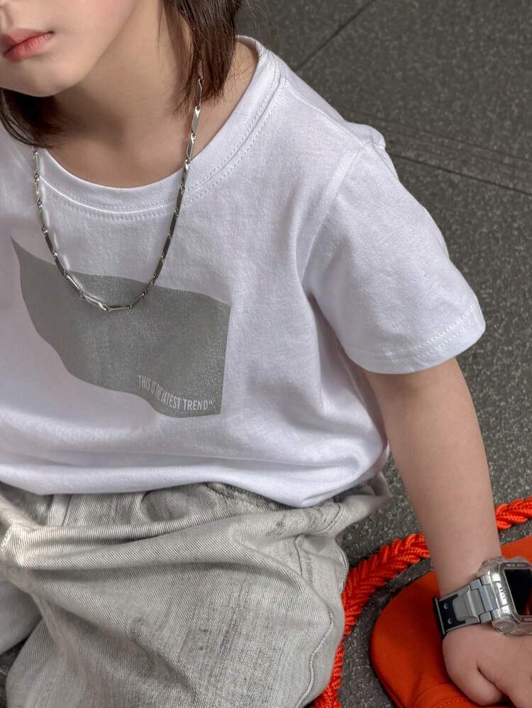 Young Boy Casual Daily Commute Slogan Print Short Sleeve T-Shirt, Summer