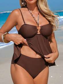 Swim Lushoire Women's Casual Vacation Beach Party Mesh Fabric Bikini Two Pieces Swimwear Brown One Piece Swimwear Brown Bathing Suit One Piece Swim Dress One Piece Bathing Suit Brown Swimwear - Brown - View 7
