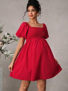 Momance 孕妇连衣裙，泡泡袖，方领，前片褶皱，后背蝴蝶结设计，A字下摆短款连衣裙 - 紅色 - 查看 2