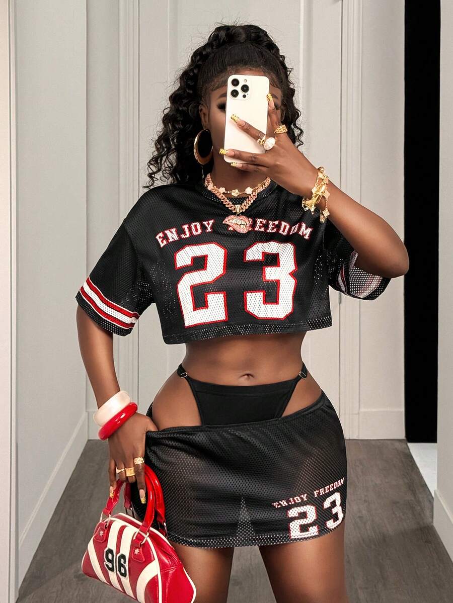 BamGleam Women's Numeric Print Round Neck Short Sleeve Cropped Top And Bodycon Mini Skirt Sexy 2-Piece Set - Multicolor - View 1