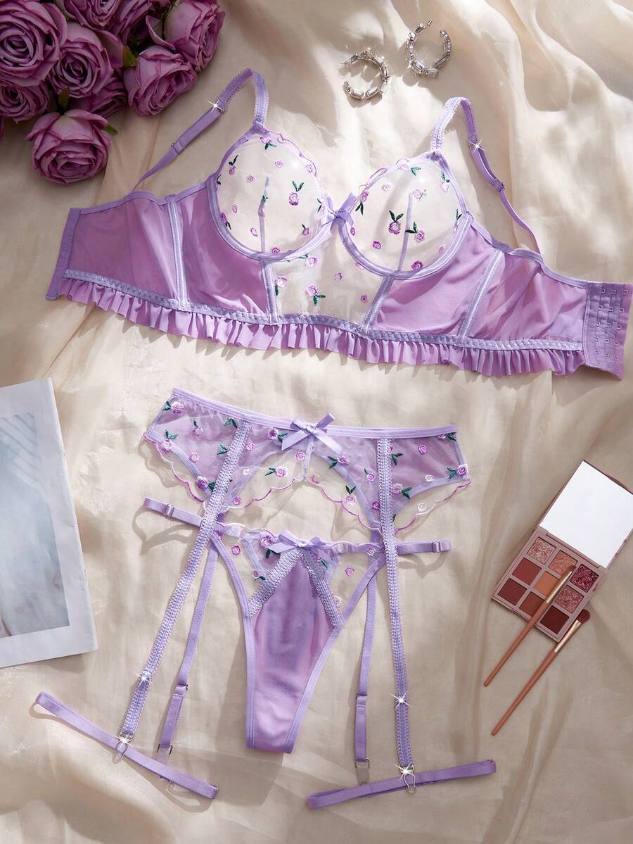 5件套紫色蕾丝钢圈花卉性感内衣套装