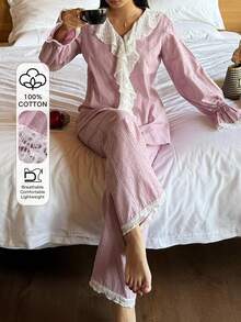 DAZY 女士睡衣套装，采用迷人的3D波点提花面料，饰以亮片刺绣和荷叶边下摆。 - 粉色 - 查看 3