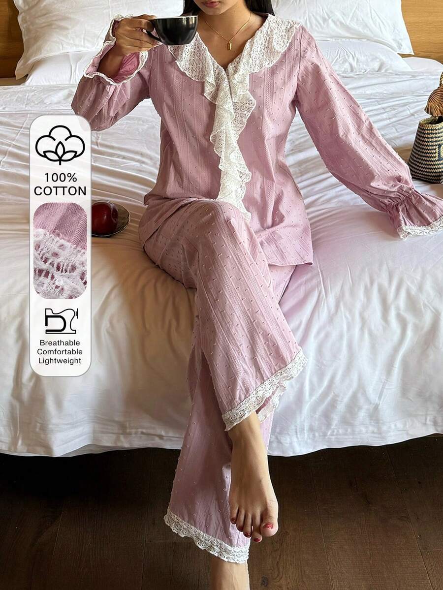 DAZY Women's Sleepwear Set With Charming 3D Polka Dot Jacquard Fabric, Sequin Embroidery And Ruffle Hem - Pink - View 1