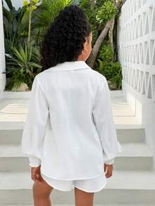 SHEIN Tween Girls' Casual 2-Piece Loose Outfit Set: Fashionable, Elegant, Versatile - White Long Sleeve Cardigan Shirt Top And Shorts Set, Spring/Summer - White - View 2