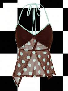 Y2Kool Annarte 撞色网纱透视蝴蝶结Y2K风少女休闲吊带上衣，适合夏季、度假、聚会、派对、日常穿着，性感百搭，时尚新年系列。 - 摩卡棕 - 查看 2