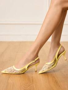 CUCCOO HITCHD 女士时尚优雅派对串珠刺绣网纱尖头高跟鞋 - 黃色 - 查看 7