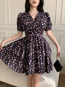 Celisse Vestido corto de mujer con cuello en V cruzado y mangas cortas con estampado total - Negro - Ver 6