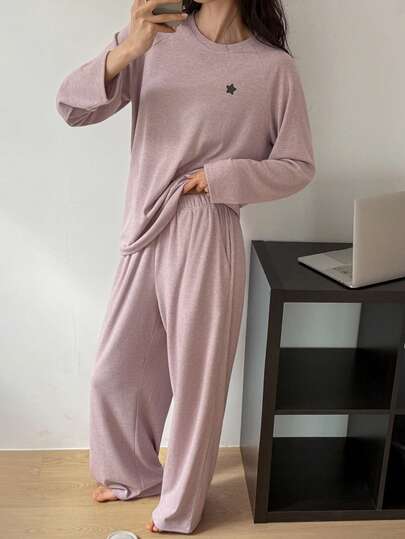 DAZY Simple Star Print Raglan Sleeve Loose Knit Women Pajama Set