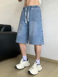 青少年男孩时尚返校节街头服饰混搭百搭设计复古酷炫街头宽松舒适简约抽绳松紧腰设计蓝色牛仔短裤日常穿着及春夏锐舞节和街头服饰 - 藍色 - 查看 1