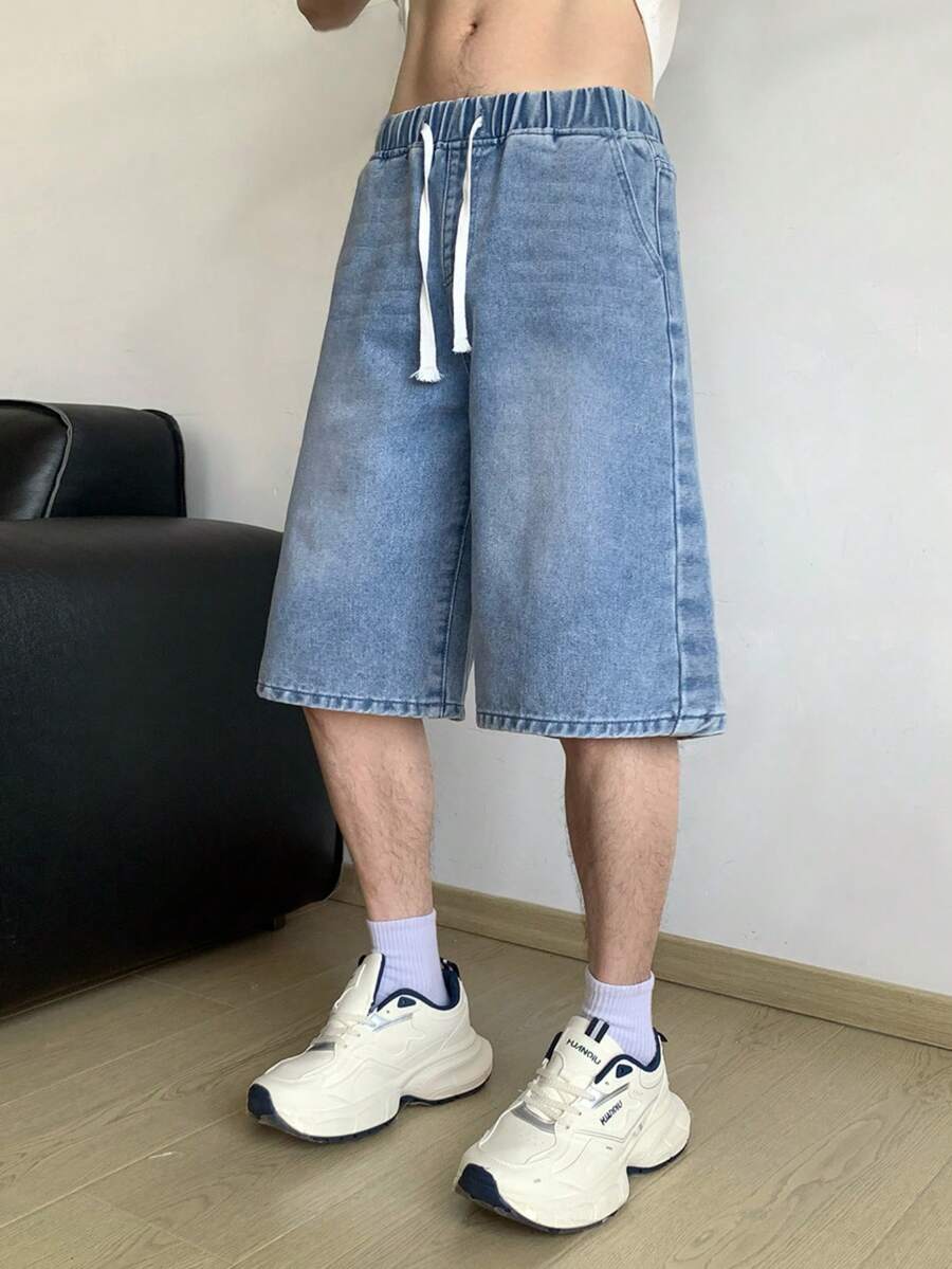 青少年男孩时尚返校节街头服饰混搭百搭设计复古酷炫街头宽松舒适简约抽绳松紧腰设计蓝色牛仔短裤日常穿着及春夏锐舞节和街头服饰 - 藍色 - 查看 1