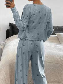 3pcs Bow Print All-Over Allover Print Cardigan, Camisole And Pants Women Pajama Set, Spring - Baby Blue - View 2