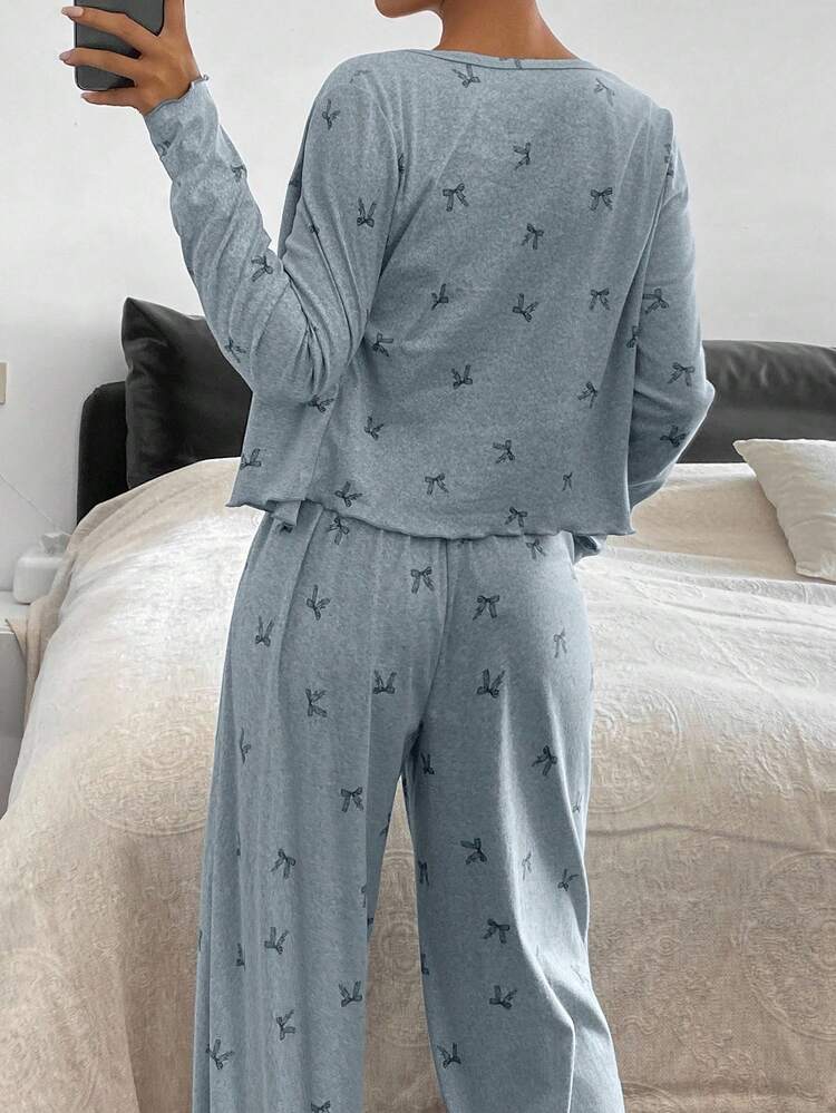 3pcs Bow Print All-Over Allover Print Cardigan, Camisole And Pants Women Pajama Set, Spring