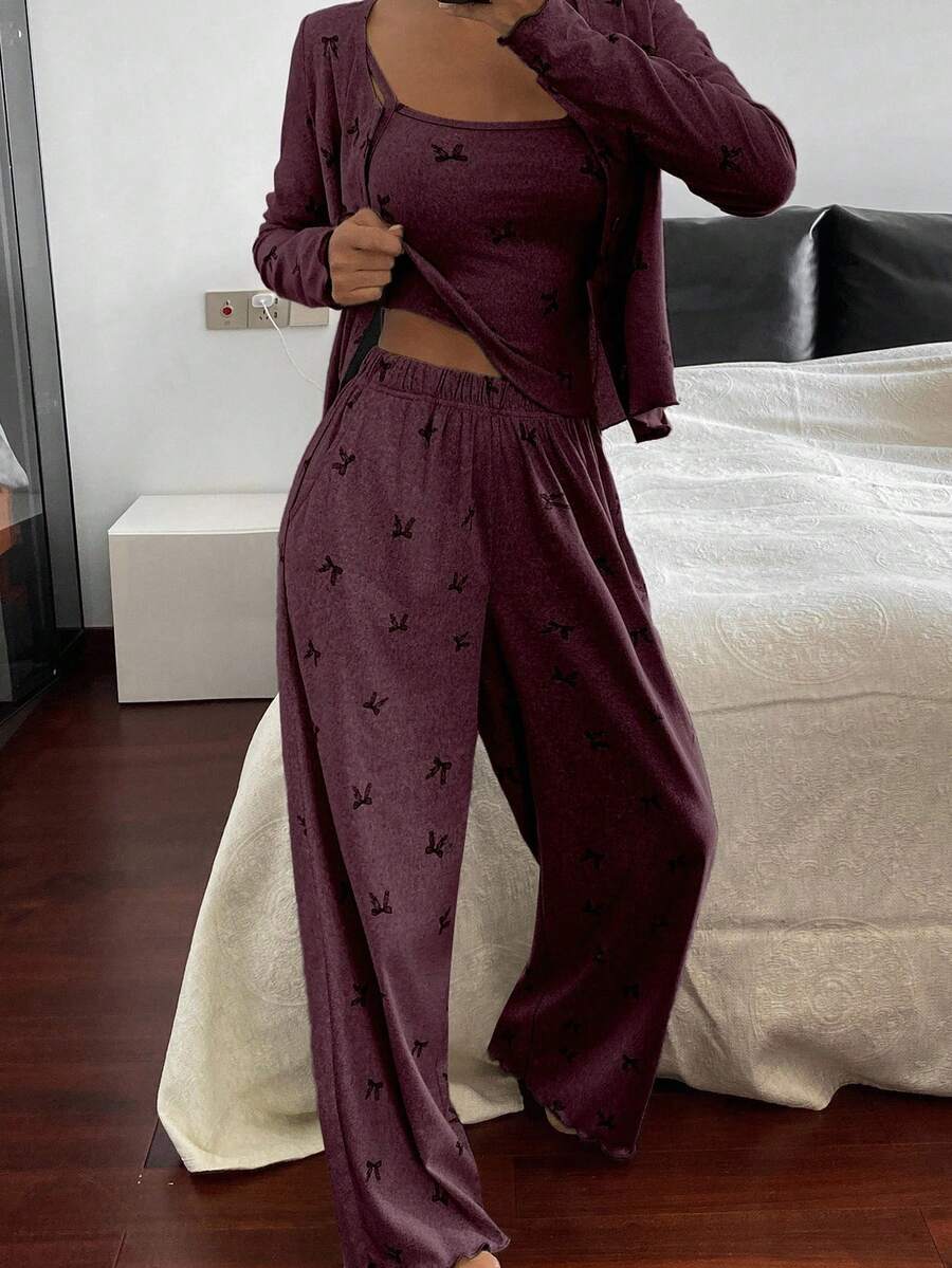 DAZY 3pcs Bow Print All-Over Allover Print Camisole & Pants Pajama Set For Women, Spring - Burgundy - View 1