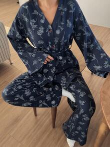DAZY 花卉线条印花纹理面料撞色纽扣装饰女士睡衣套装 - 藏蓝色 - 查看 9