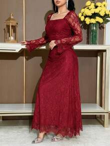 Feyla 女士花卉蕾丝方领长袖荷叶边优雅连衣裙 - 酒紅色 - 查看 5