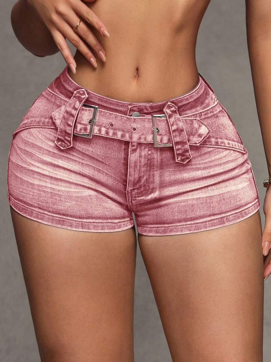 SHEIN SXY 女士休闲水洗牛仔迷你短裤,夏季 - 粉色 - 查看 1