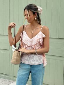 Serisse Women's Elegant Dusty Pink Summer Textured Ruffle Strap Camisole Top,French Lace V-Neck Asymmetric Top,Casual Y2K Dining Beach Party Top - Dusty Pink - View 4