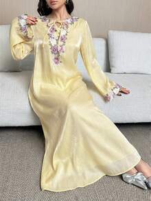 Yasmyna Damen Kleid mit floraler Stickerei, Twist-Detail, eleganter Langarm, weite Form - Aprikosenfarben - Übersicht 9