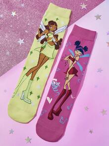 The Winx X SHEIN 3双装女士/女孩不配对袜子，柔软透气吸湿，休闲中筒袜，甜美卡通图案，时尚可爱糖果色船袜，加固袜头和袜跟，经久耐穿，四季皆宜，夏季/冬季百搭，图案袜子，Y2K风格 - 彩色 - 查看 11