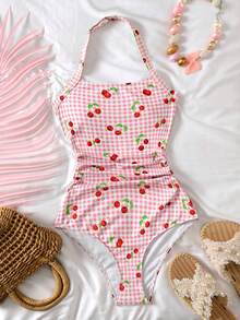 SHEIN Teen Girls' Casual Cherry Plaid Print One-Piece Swimsuit, Suitable For Beach, Vacation, Summer - Pink - View 5