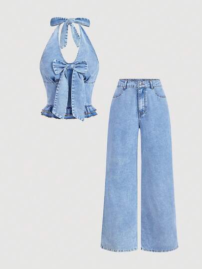 Sweetra Women's Casual Outgoing Bow Decor Halter Denim Top And Jeans Set