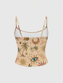 ROMWE Fairycore Hippie Vacation Sexy Lady Sun Moon Star Coconut Tree Sun Women Camisole - Beige - View 2