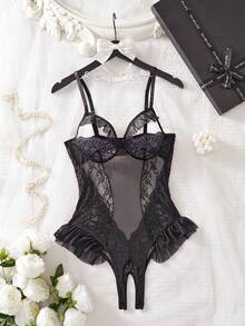 SpicyHot 蕾丝拼接网纱女士性感连体裤（优雅+透视+连体裤+无钢圈） - 黑色 - 查看 3