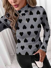 SHEIN Clasi 休闲简约女式情人节新年氛围心形印花高领打底T恤，适合搭配、户外、居家、通勤，时尚别致，情人节图案T恤 - 彩色 - 查看 5