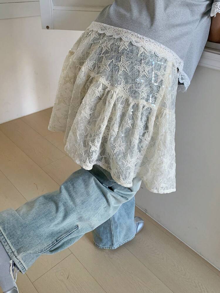 Dazy Plus Plus Size Lace Sheer Star Pattern Versatile A-Line Skirt Summer