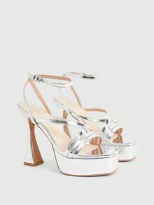 CUCCOO LuxiPop Women's Thick-Soled Platform Silver High-Heeled Sandals, Party-Style High-Heeled Sandals, Metal Elements With Multi-Design Sexy Nightclub High-Heeled Sandals, Square Toe And Ankle Platform Sandals, Suitable For Christmas Parties, Valentine's Day Gifts, The Perfect Choice For Fashionistas, Suitable For Spring And Summer, Vacation Wear, Travel Essentials, 2000's Style - Silver - View 3