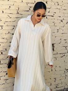 Dazy Plus 休闲时尚翻领半开襟条纹宽松衬衫裙，长款休闲加大码女装连衣裙，春夏长款连衣裙 - 杏色 - 查看 6