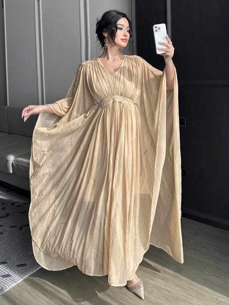 Dazy Plus Plus Size Floral Print V-Neck Ruffle Sleeve Waist Cinched Maxi Party Dress, Apricot Color, Spring/Summer Sundress