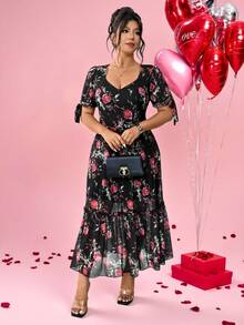 Elenzga Vestido feminino plus size elegante e romântico com laço de rosa nos punhos e barra em tule patchwork, perfeito para um encontro romântico no Dia dos Namorados. - Multicolorido - Ver 4