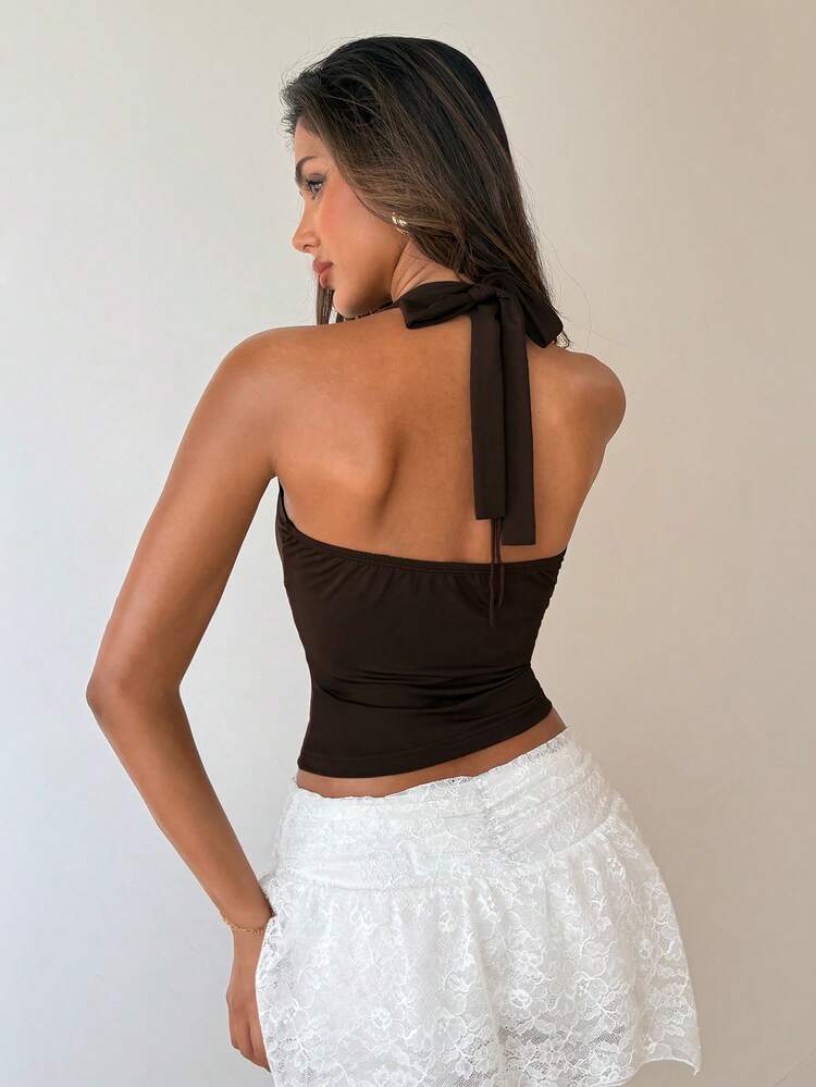 Aloruh Women's Sexy Y2K Brown Lace-Up Halter Crop Top, Spring Women, Going Out Top For Women, Summer Top, Summer Holidays - Brown - View 8