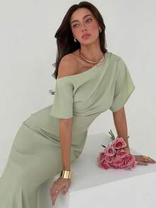 Aloruh Đầm dài màu xanh bạc hà thanh lịch, thiết kế bất đối xứng vai, thắt eo, thích hợp cho các bữa tiệc và dịp trang trọng. - màu xanh lá - Xem 9