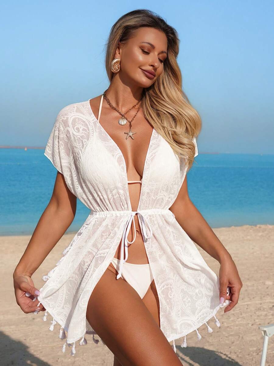 Swim Lushoire 1pc Women's Sexy Romantic Mature Beach Vacation Fashion Paisley Floral Tropical Fabric Tassel Cover Up - White - View 1