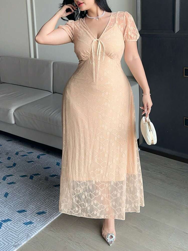 Dazy Plus Elegant V-Neck Lace Fitted Puff Sleeve Long Mesh Party Dress, Plus Size, Spring/Summer Sundress