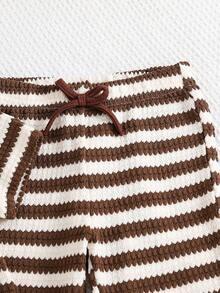 SHEIN 2pcs/Set Young Girl Knitted Striped Round Neck T-Shirt And Fitted Flare Pants Outfit - Mocha Brown - View 4