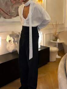 Manfinity Dauomo Áo sơ mi dài tay nam màu trơn kiểu dáng thường ngày có nơ - trắng - Xem 3