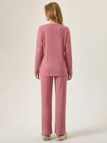 Loomlin 100%Cotton Letter Graphic Drop Shoulder Tee & Pants Lounge Set - Mauve Purple - View 2