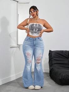 Jeanoix Plus Size Women High Waist Pockets Distressed Flare Leg Jeans - Blue - View 5