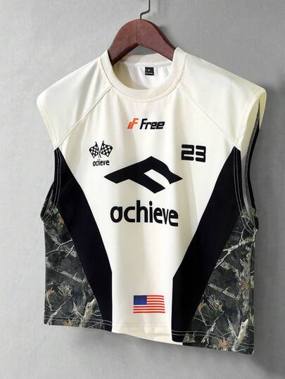 Manfinity Roghcode Men's Fashionable, Streetwear Sleeveless Tank Top, Cropped Fit, Loose Pullover Branch Camouflage Racing Pattern, Contrast Color Design, 90s Retro Streetwear, Suitable For Vintage, Punk, Y2K, Clean-Fit Enthusiasts, Rapper, Holiday Gift, Boyfriend Gift, Young Casual Commute Back To School Autumn/Winter, Great Gift For Friends